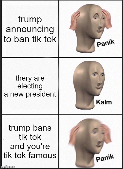 Panik Kalm Panik Meme | trump announcing to ban tik tok; thery are electing a new president; trump bans tik tok and you're tik tok famous | image tagged in memes,panik kalm panik | made w/ Imgflip meme maker