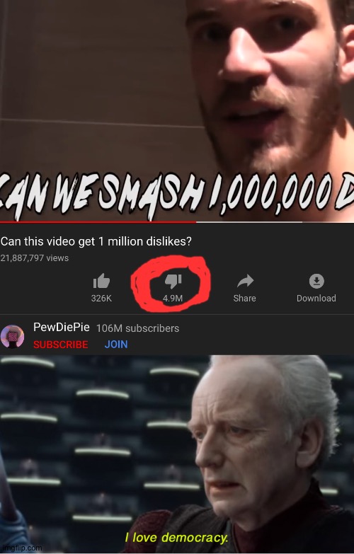 The task was success | image tagged in i love democracy,memes,funny,pewdiepie,dislikes,youtube | made w/ Imgflip meme maker