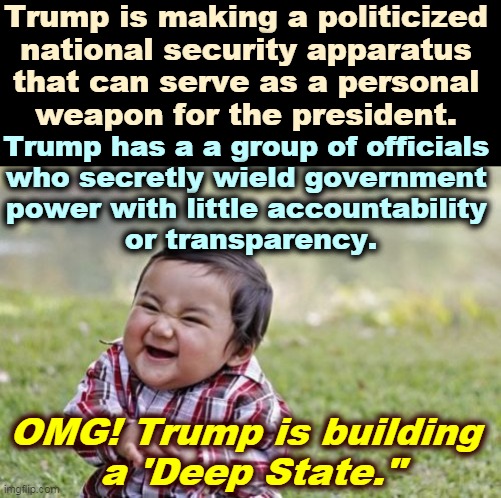 Deep State is finally here. Trump built it and it's working only for him. | Trump is making a politicized 
national security apparatus 
that can serve as a personal 
weapon for the president. Trump has a a group of officials 
who secretly wield government 
power with little accountability 
or transparency. OMG! Trump is building 
a 'Deep State." | image tagged in memes,evil toddler,trump,dictator,deep state | made w/ Imgflip meme maker