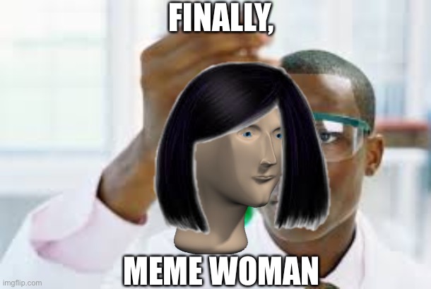 FINALLY | FINALLY, MEME WOMAN | image tagged in finally,meme man,woman,memes,scientist,hair | made w/ Imgflip meme maker