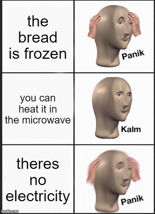 bread | the bread is frozen; you can heat it in the microwave; theres no electricity | image tagged in memes,panik kalm panik | made w/ Imgflip meme maker