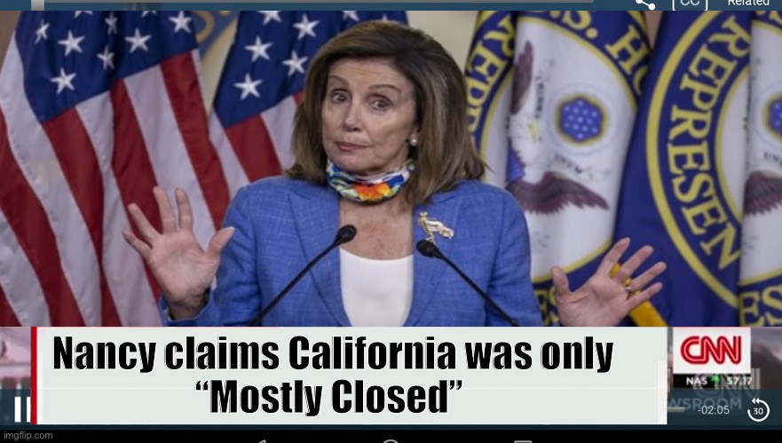 Mostly closed | Nancy claims California was only
“Mostly Closed” | image tagged in nancy pelosi,derp,politics,quarantine,cnn,cnn fake news | made w/ Imgflip meme maker