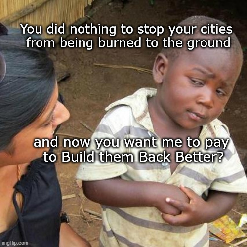 Dem city bailouts | You did nothing to stop your cities 
from being burned to the ground; and now you want me to pay 
to Build them Back Better? | image tagged in riot damage | made w/ Imgflip meme maker