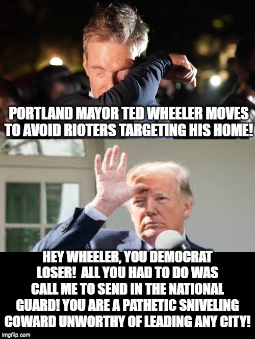 Hey Wheeler, You Democrat Loser! All You Had To Do Was Call Trump! | PORTLAND MAYOR TED WHEELER MOVES TO AVOID RIOTERS TARGETING HIS HOME! HEY WHEELER, YOU DEMOCRAT LOSER!  ALL YOU HAD TO DO WAS CALL ME TO SEND IN THE NATIONAL GUARD! YOU ARE A PATHETIC SNIVELING COWARD UNWORTHY OF LEADING ANY CITY! | image tagged in stupid liberals,trump | made w/ Imgflip meme maker