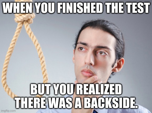 always check the back. | WHEN YOU FINISHED THE TEST; BUT YOU REALIZED THERE WAS A BACKSIDE. | image tagged in noose | made w/ Imgflip meme maker