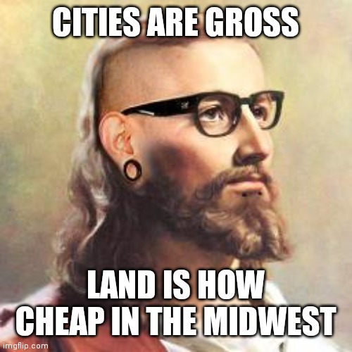 Hipster Jesus | CITIES ARE GROSS; LAND IS HOW CHEAP IN THE MIDWEST | image tagged in hipster jesus,riots,liberals,hipsters | made w/ Imgflip meme maker