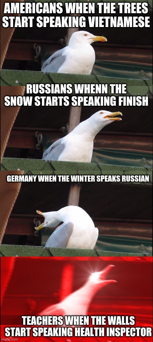 Inhaling Seagull | AMERICANS WHEN THE TREES START SPEAKING VIETNAMESE; RUSSIANS WHENN THE SNOW STARTS SPEAKING FINISH; GERMANY WHEN THE WINTER SPEAKS RUSSIAN; TEACHERS WHEN THE WALLS START SPEAKING HEALTH INSPECTOR | image tagged in memes,inhaling seagull | made w/ Imgflip meme maker