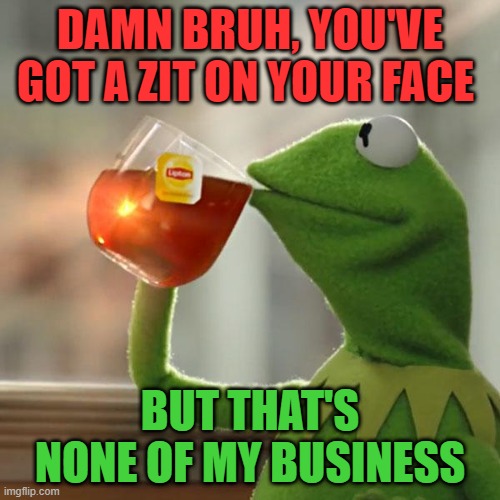 But That's None Of My Business Meme | DAMN BRUH, YOU'VE GOT A ZIT ON YOUR FACE; BUT THAT'S NONE OF MY BUSINESS | image tagged in memes,but that's none of my business,kermit the frog | made w/ Imgflip meme maker