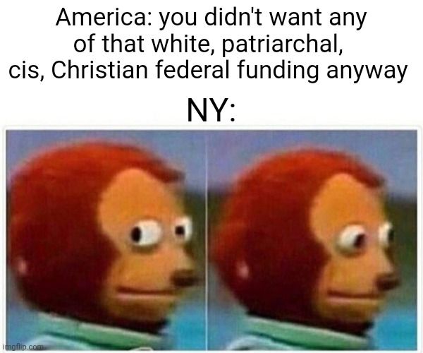 Politics and stuff | America: you didn't want any of that white, patriarchal,  cis, Christian federal funding anyway; NY: | image tagged in memes,monkey puppet | made w/ Imgflip meme maker