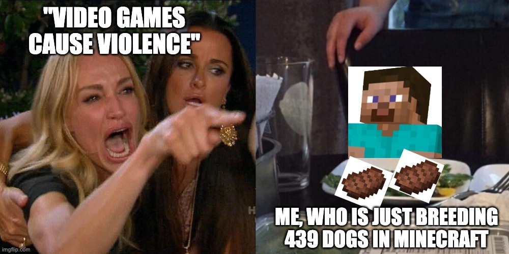 Am I the only one that did this to get xp? | "VIDEO GAMES CAUSE VIOLENCE"; ME, WHO IS JUST BREEDING 439 DOGS IN MINECRAFT | image tagged in woman yelling at cat | made w/ Imgflip meme maker