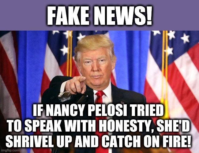 Trump Fake News | FAKE NEWS! IF NANCY PELOSI TRIED TO SPEAK WITH HONESTY, SHE'D SHRIVEL UP AND CATCH ON FIRE! | image tagged in trump fake news | made w/ Imgflip meme maker