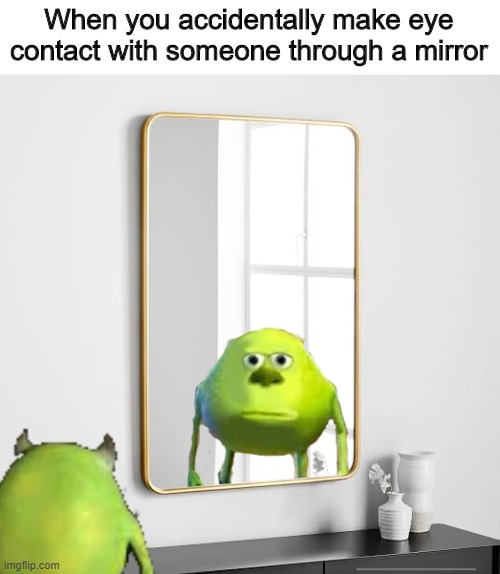 Ah the mirror | When you accidentally make eye contact with someone through a mirror | image tagged in awkward,mike wazowski | made w/ Imgflip meme maker