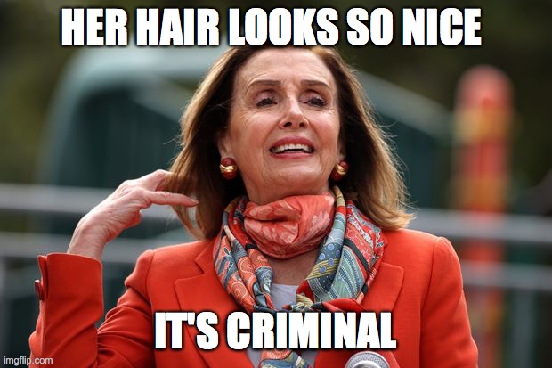 Pelosi Hari | HER HAIR LOOKS SO NICE; IT'S CRIMINAL | image tagged in pelosi hair | made w/ Imgflip meme maker