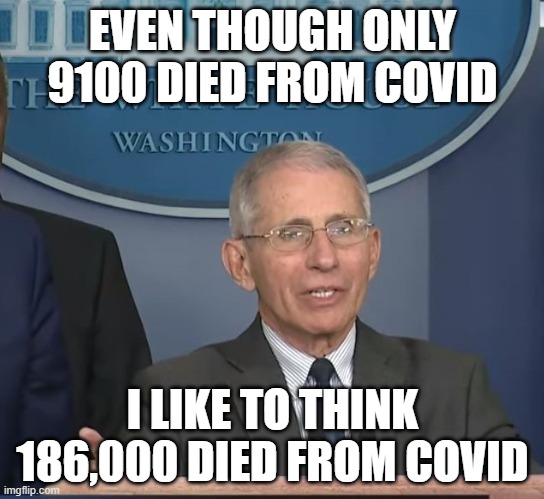 Dr Fauci | EVEN THOUGH ONLY 9100 DIED FROM COVID; I LIKE TO THINK 186,000 DIED FROM COVID | image tagged in dr fauci | made w/ Imgflip meme maker
