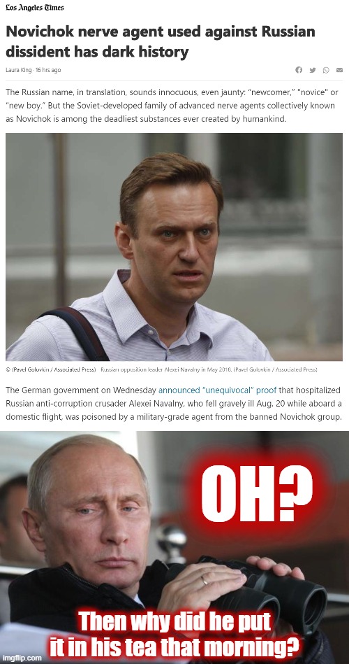 Vladimir Putin asks the hard-hitting questions about the mysterious poisoning of his most prominent rival | OH? Then why did he put it in his tea that morning? | image tagged in vladimir putin,novichok poison alexei navalny,poison,assassination,meanwhile in russia,putin | made w/ Imgflip meme maker