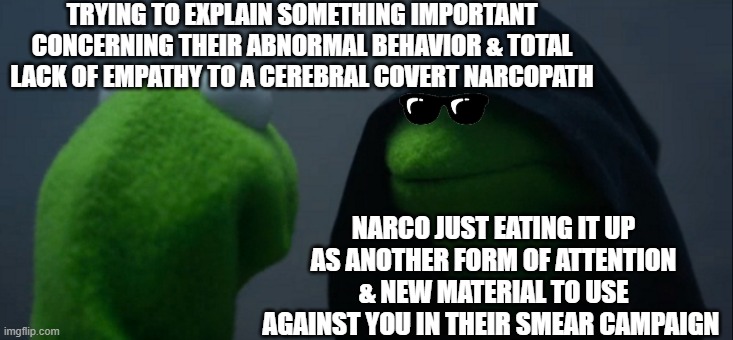 Cerebral Covert Narcopath | TRYING TO EXPLAIN SOMETHING IMPORTANT CONCERNING THEIR ABNORMAL BEHAVIOR & TOTAL LACK OF EMPATHY TO A CEREBRAL COVERT NARCOPATH; NARCO JUST EATING IT UP AS ANOTHER FORM OF ATTENTION & NEW MATERIAL TO USE AGAINST YOU IN THEIR SMEAR CAMPAIGN | image tagged in memes,evil kermit | made w/ Imgflip meme maker