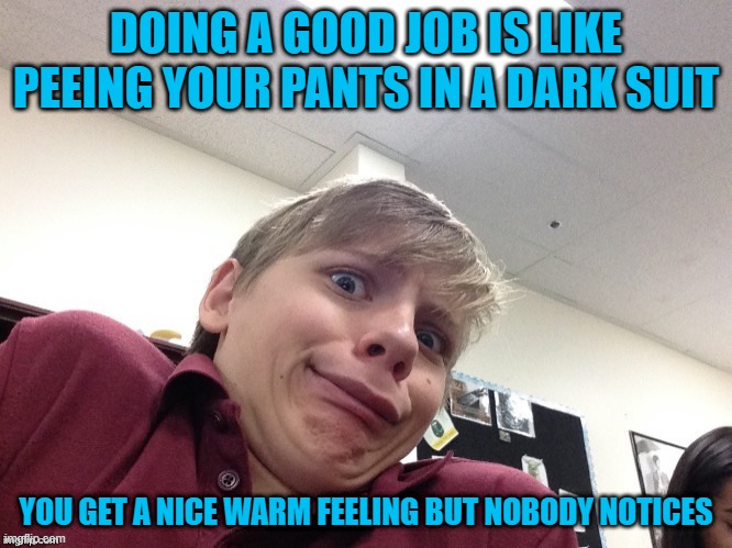 Shy guy | DOING A GOOD JOB IS LIKE PEEING YOUR PANTS IN A DARK SUIT; YOU GET A NICE WARM FEELING BUT NOBODY NOTICES | image tagged in shy guy | made w/ Imgflip meme maker