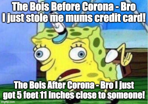 The Bois Before And After Corona | The Bois Before Corona - Bro I just stole me mums credit card! The Bois After Corona - Bro I just got 5 feet 11 inches close to someone! | image tagged in memes,coronavirus | made w/ Imgflip meme maker