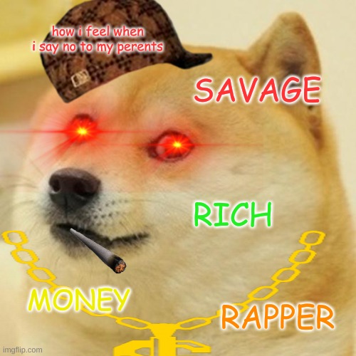dog | how i feel when i say no to my perents; SAVAGE; RICH; MONEY; RAPPER | image tagged in memes,doge | made w/ Imgflip meme maker