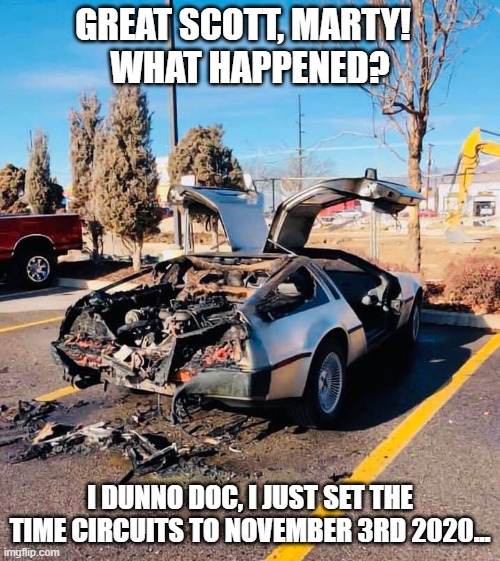 Some things are better left alone | GREAT SCOTT, MARTY!  
WHAT HAPPENED? I DUNNO DOC, I JUST SET THE TIME CIRCUITS TO NOVEMBER 3RD 2020... | image tagged in delorean,time travel,2020 sucks,back to the future | made w/ Imgflip meme maker