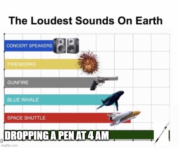 The Loudest Sounds on Earth | DROPPING A PEN AT 4 AM | image tagged in the loudest sounds on earth | made w/ Imgflip meme maker