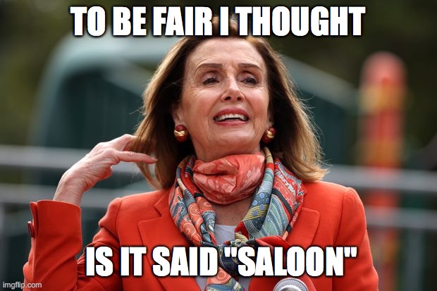 Pelosi Hair | TO BE FAIR I THOUGHT; IS IT SAID "SALOON" | image tagged in pelosi hair | made w/ Imgflip meme maker