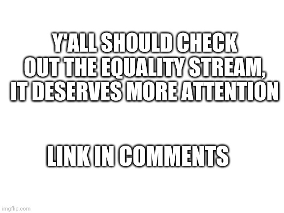 Equality stream | Y'ALL SHOULD CHECK OUT THE EQUALITY STREAM, IT DESERVES MORE ATTENTION; LINK IN COMMENTS | image tagged in blank white template | made w/ Imgflip meme maker