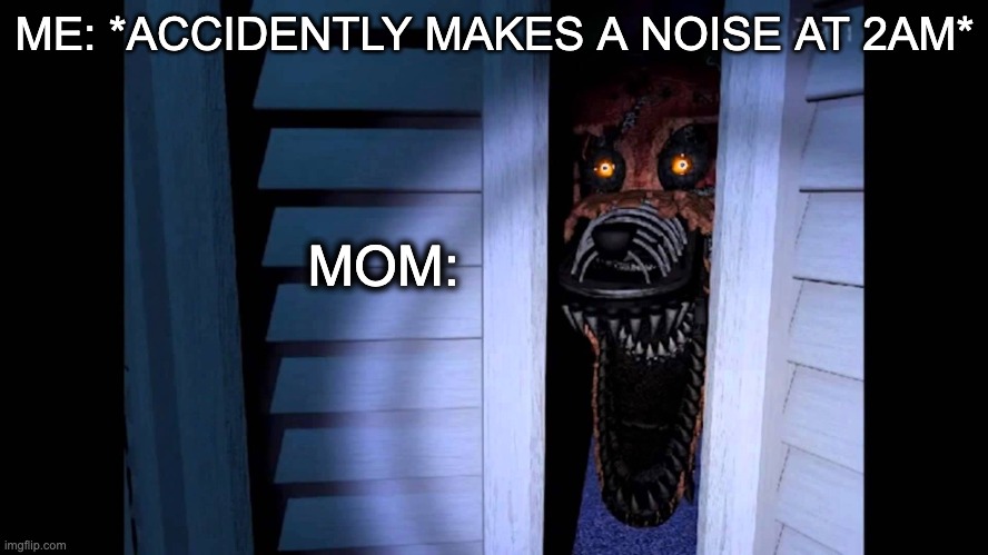 Foxy FNaF 4 | ME: *ACCIDENTLY MAKES A NOISE AT 2AM*; MOM: | image tagged in foxy fnaf 4 | made w/ Imgflip meme maker