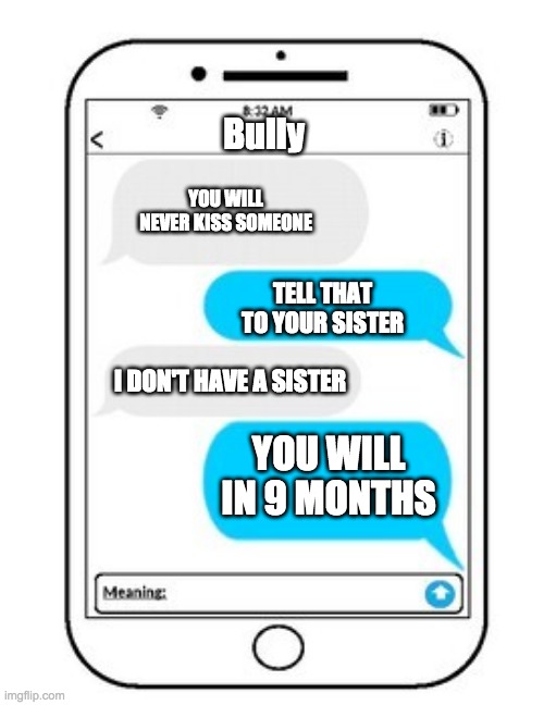 *OOF* | Bully; YOU WILL NEVER KISS SOMEONE; TELL THAT TO YOUR SISTER; I DON'T HAVE A SISTER; YOU WILL IN 9 MONTHS | image tagged in funny,texts,bully | made w/ Imgflip meme maker