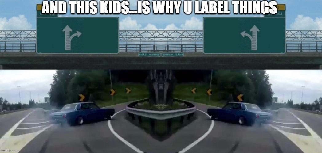 AND THIS KIDS...IS WHY U LABEL THINGS | image tagged in memes,left exit 12 off ramp | made w/ Imgflip meme maker