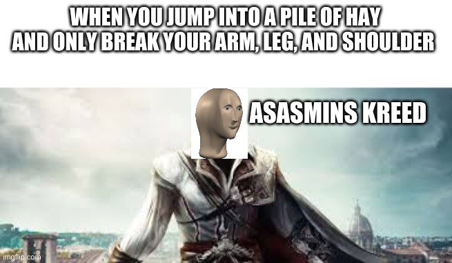 asasmins kreed | WHEN YOU JUMP INTO A PILE OF HAY AND ONLY BREAK YOUR ARM, LEG, AND SHOULDER; ASASMINS KREED | image tagged in assassins creed | made w/ Imgflip meme maker