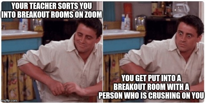 No seriously,this actually happened | YOUR TEACHER SORTS YOU INTO BREAKOUT ROOMS ON ZOOM; YOU GET PUT INTO A BREAKOUT ROOM WITH A PERSON WHO IS CRUSHING ON YOU | image tagged in joey from friends | made w/ Imgflip meme maker