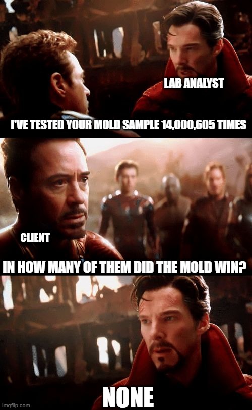 Mold | LAB ANALYST; I'VE TESTED YOUR MOLD SAMPLE 14,000,605 TIMES; CLIENT; IN HOW MANY OF THEM DID THE MOLD WIN? NONE | image tagged in infinity war - 14mil futures | made w/ Imgflip meme maker