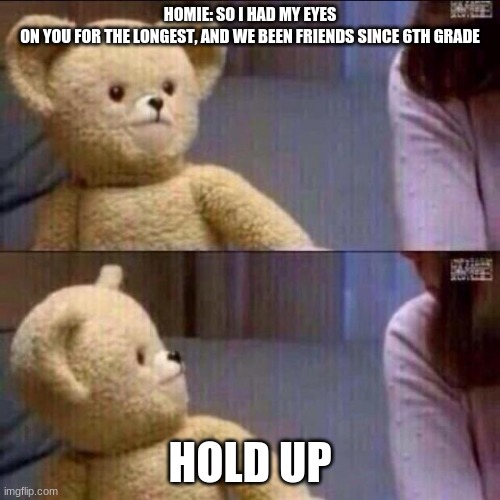 shocked bear | HOMIE: SO I HAD MY EYES ON YOU FOR THE LONGEST, AND WE BEEN FRIENDS SINCE 6TH GRADE; HOLD UP | image tagged in shocked bear | made w/ Imgflip meme maker