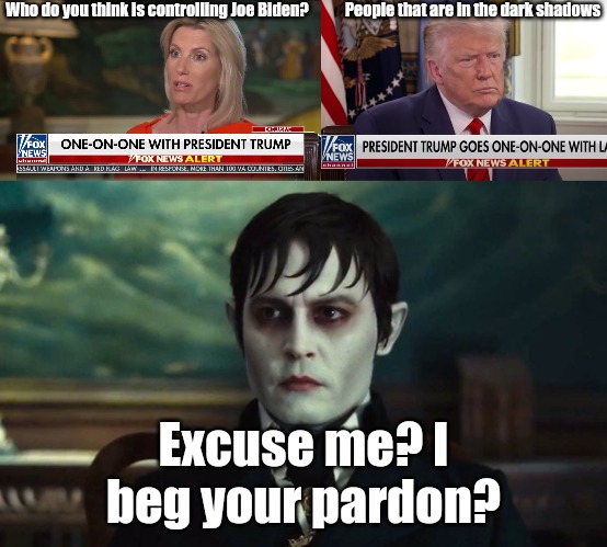 Dark Shadows | Who do you think is controlling Joe Biden? People that are in the dark shadows; Excuse me? I beg your pardon? | image tagged in laura ingram,fox news,donald trump,dark shadows | made w/ Imgflip meme maker