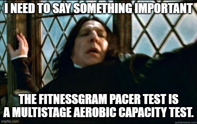 Snape Meme | I NEED TO SAY SOMETHING IMPORTANT; THE FITNESSGRAM PACER TEST IS A MULTISTAGE AEROBIC CAPACITY TEST. | image tagged in memes,snape | made w/ Imgflip meme maker