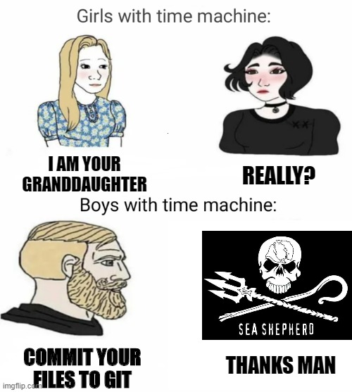 Time machine | I AM YOUR GRANDDAUGHTER; REALLY? THANKS MAN; COMMIT YOUR FILES TO GIT | image tagged in time machine | made w/ Imgflip meme maker