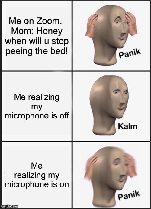 Panik Kalm Panik | Me on Zoom. 
Mom: Honey when will u stop peeing the bed! Me realizing my microphone is off; Me realizing my microphone is on | image tagged in memes,panik kalm panik | made w/ Imgflip meme maker