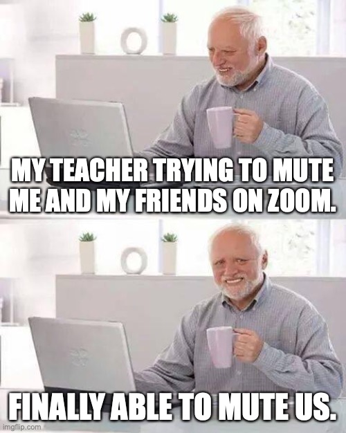Hide the Pain Harold | MY TEACHER TRYING TO MUTE ME AND MY FRIENDS ON ZOOM. FINALLY ABLE TO MUTE US. | image tagged in memes,hide the pain harold | made w/ Imgflip meme maker