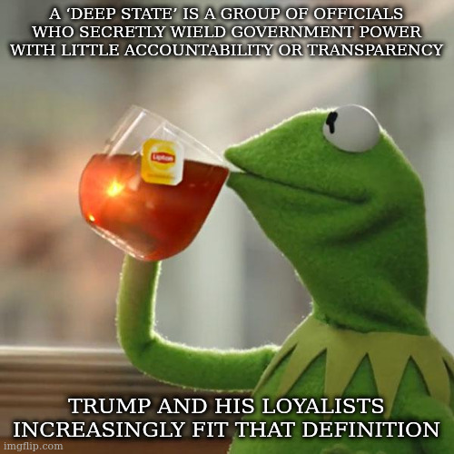 But That's None Of My Business | A ‘DEEP STATE’ IS A GROUP OF OFFICIALS WHO SECRETLY WIELD GOVERNMENT POWER WITH LITTLE ACCOUNTABILITY OR TRANSPARENCY; TRUMP AND HIS LOYALISTS INCREASINGLY FIT THAT DEFINITION | image tagged in memes,but that's none of my business,kermit the frog | made w/ Imgflip meme maker