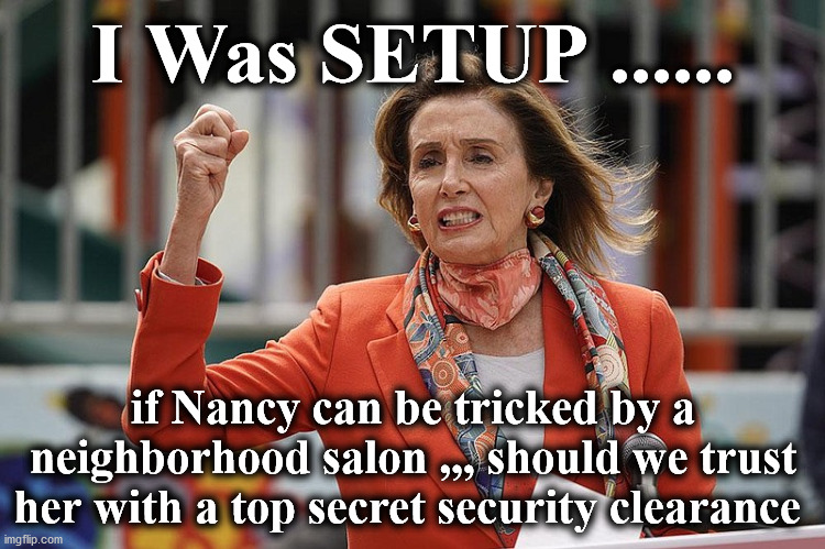 setup | I Was SETUP ...... if Nancy can be tricked by a neighborhood salon ,,, should we trust her with a top secret security clearance | image tagged in setup | made w/ Imgflip meme maker