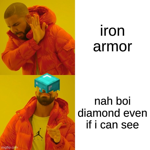 Drake Hotline Bling | iron armor; nah boi diamond even if i can see | image tagged in memes,drake hotline bling | made w/ Imgflip meme maker