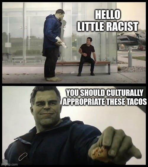 If everything is racist - nothing is racist | HELLO LITTLE RACIST; YOU SHOULD CULTURALLY APPROPRIATE THESE TACOS | image tagged in hulk giving taco | made w/ Imgflip meme maker