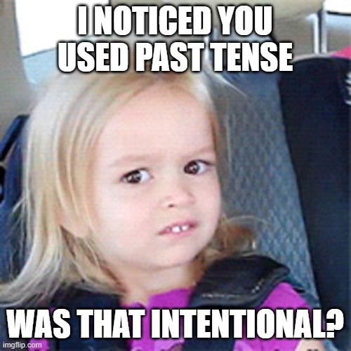Little girl chloe | I NOTICED YOU USED PAST TENSE WAS THAT INTENTIONAL? | image tagged in little girl chloe | made w/ Imgflip meme maker