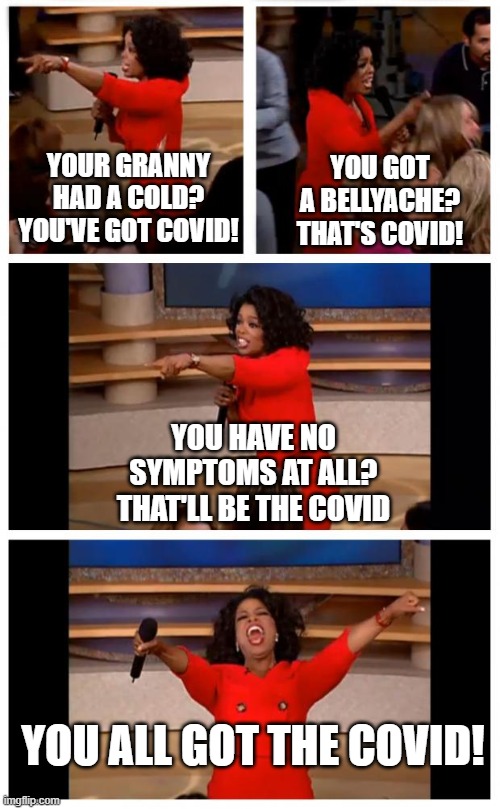 Cooties19 | YOUR GRANNY HAD A COLD? YOU'VE GOT COVID! YOU GOT A BELLYACHE? THAT'S COVID! YOU HAVE NO SYMPTOMS AT ALL? THAT'LL BE THE COVID; YOU ALL GOT THE COVID! | image tagged in memes,oprah you get a car everybody gets a car,covid-19,covid19,coronavirus,lockdown | made w/ Imgflip meme maker