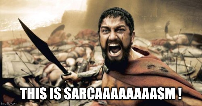 This is sarcasm ! | THIS IS SARCAAAAAAAASM ! | image tagged in memes,sparta leonidas | made w/ Imgflip meme maker