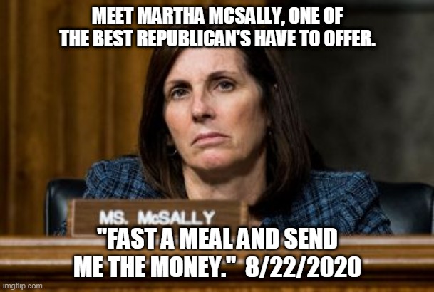 Vote For Martha | MEET MARTHA MCSALLY, ONE OF THE BEST REPUBLICAN'S HAVE TO OFFER. "FAST A MEAL AND SEND ME THE MONEY."  8/22/2020 | image tagged in martha mcsally vote for me | made w/ Imgflip meme maker