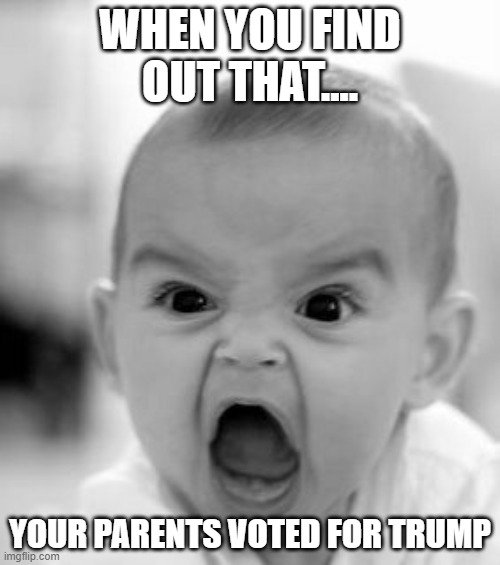 No MOM, NO!!! | WHEN YOU FIND OUT THAT.... YOUR PARENTS VOTED FOR TRUMP | image tagged in angry baby,bad parents,dumb people,losers | made w/ Imgflip meme maker