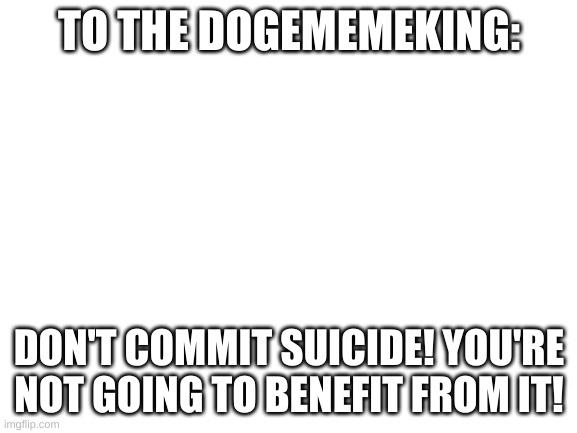 Blank White Template | TO THE DOGEMEMEKING:; DON'T COMMIT SUICIDE! YOU'RE NOT GOING TO BENEFIT FROM IT! | image tagged in blank white template | made w/ Imgflip meme maker