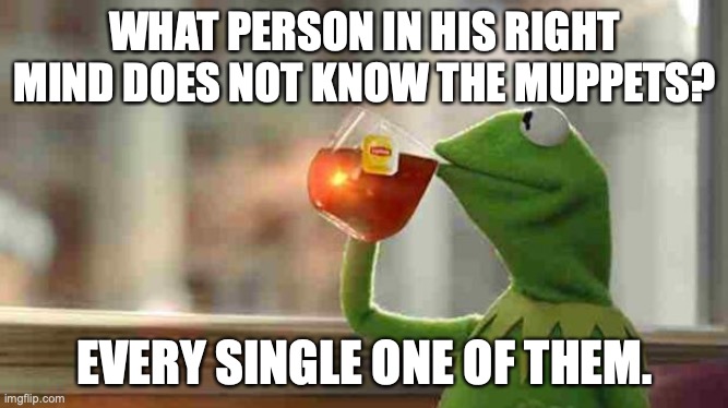 What person in his right mind does not know the muppets? | WHAT PERSON IN HIS RIGHT MIND DOES NOT KNOW THE MUPPETS? EVERY SINGLE ONE OF THEM. | image tagged in kermit sipping tea,kermit,muppets,sane,right mind,insane | made w/ Imgflip meme maker